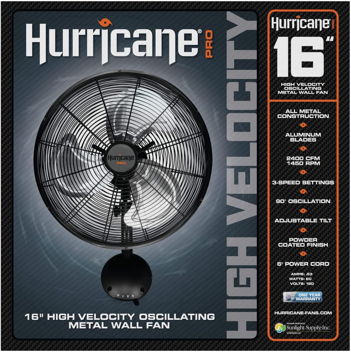 Hurricane® Pro High Velocity Oscillating Metal Wall Mount Fan 16
