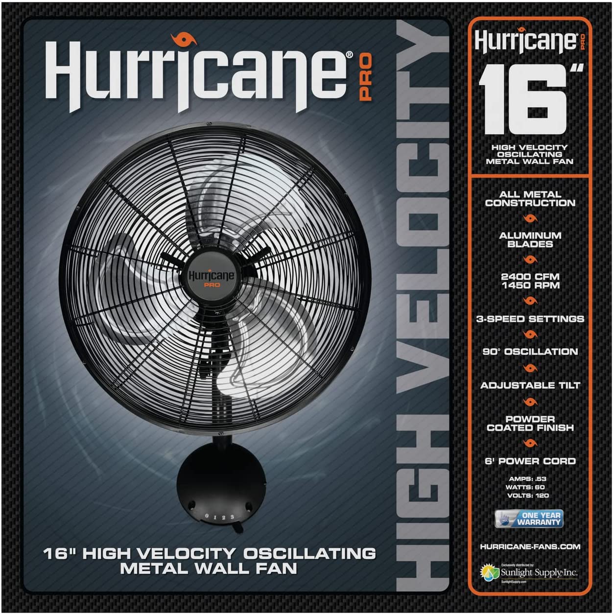 Hurricane® Pro High Velocity Oscillating Metal Wall Mount Fan 16" - HGC736484